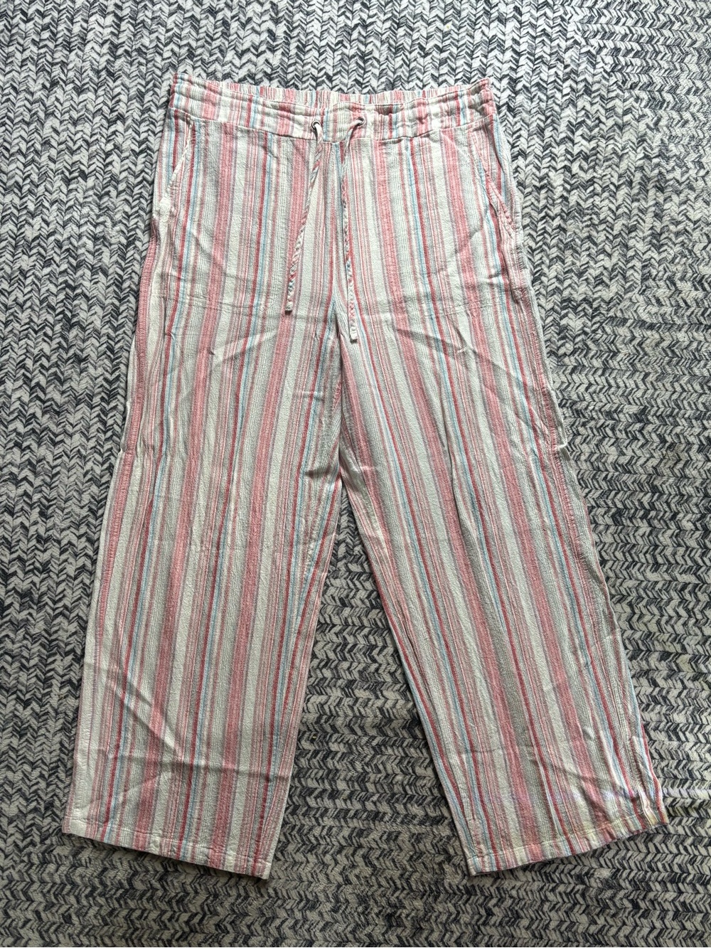 New Westport Pink and Blue Striped Women’s Linen Blend Flowy Summer Pants Large